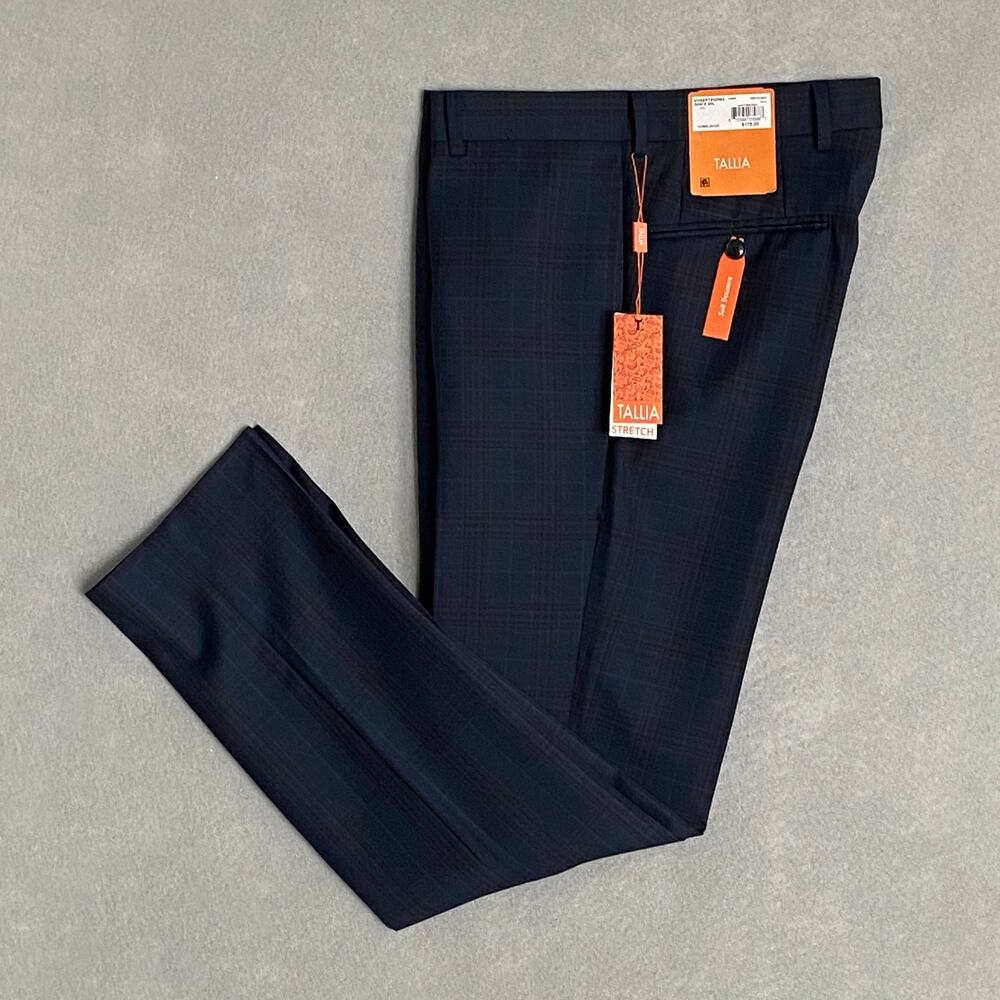 Tallia Men's 30x30 Suit Pant Vane Stretch Wool Blend Navy & Brown Check NEW